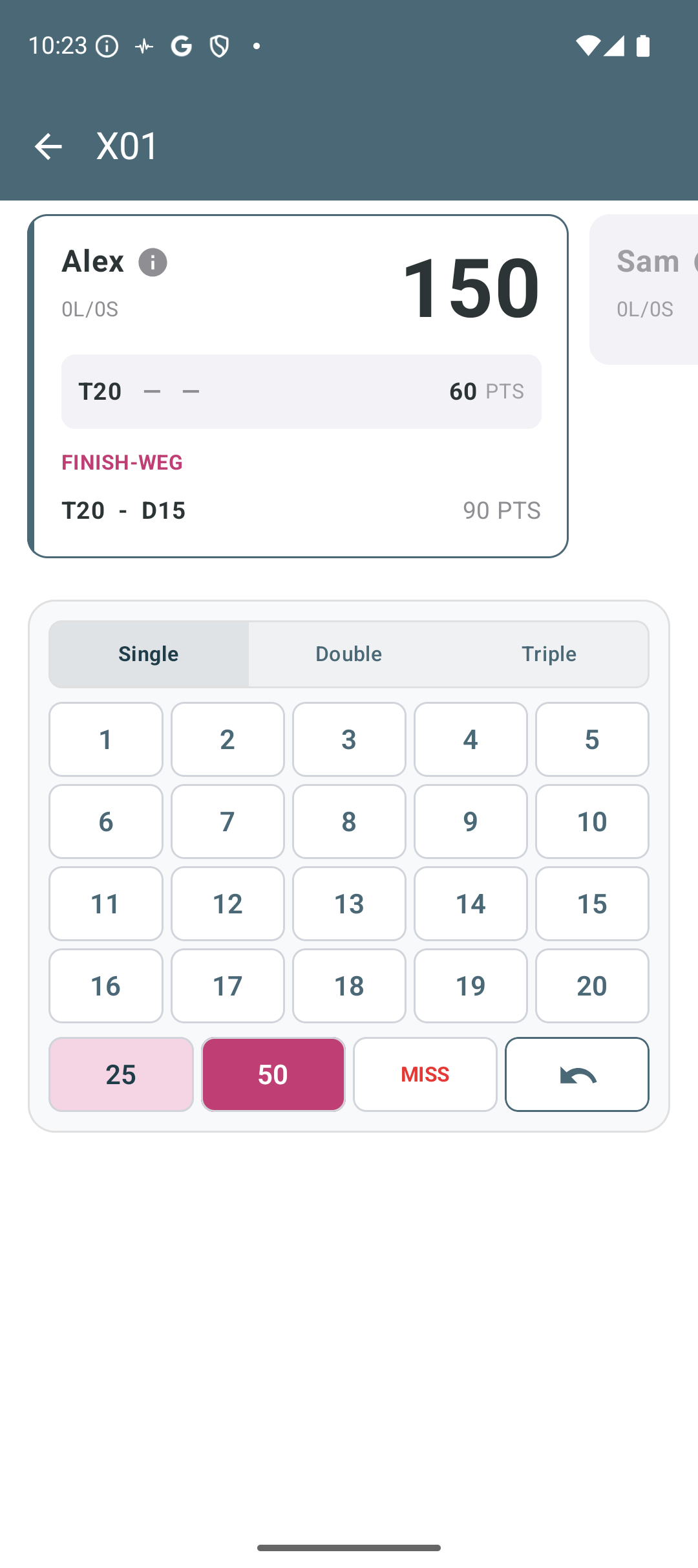 9Darter X01 Live-Anzeigetafel mit Checkout-Vorschlag