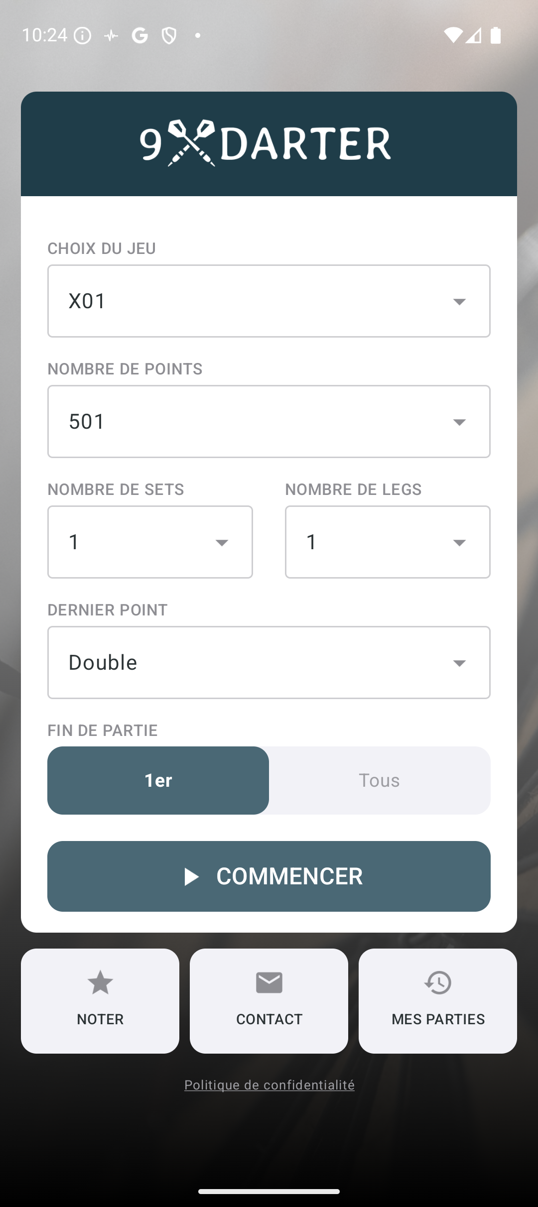 Écran d'accueil 9Darter avec sélection du mode de jeu