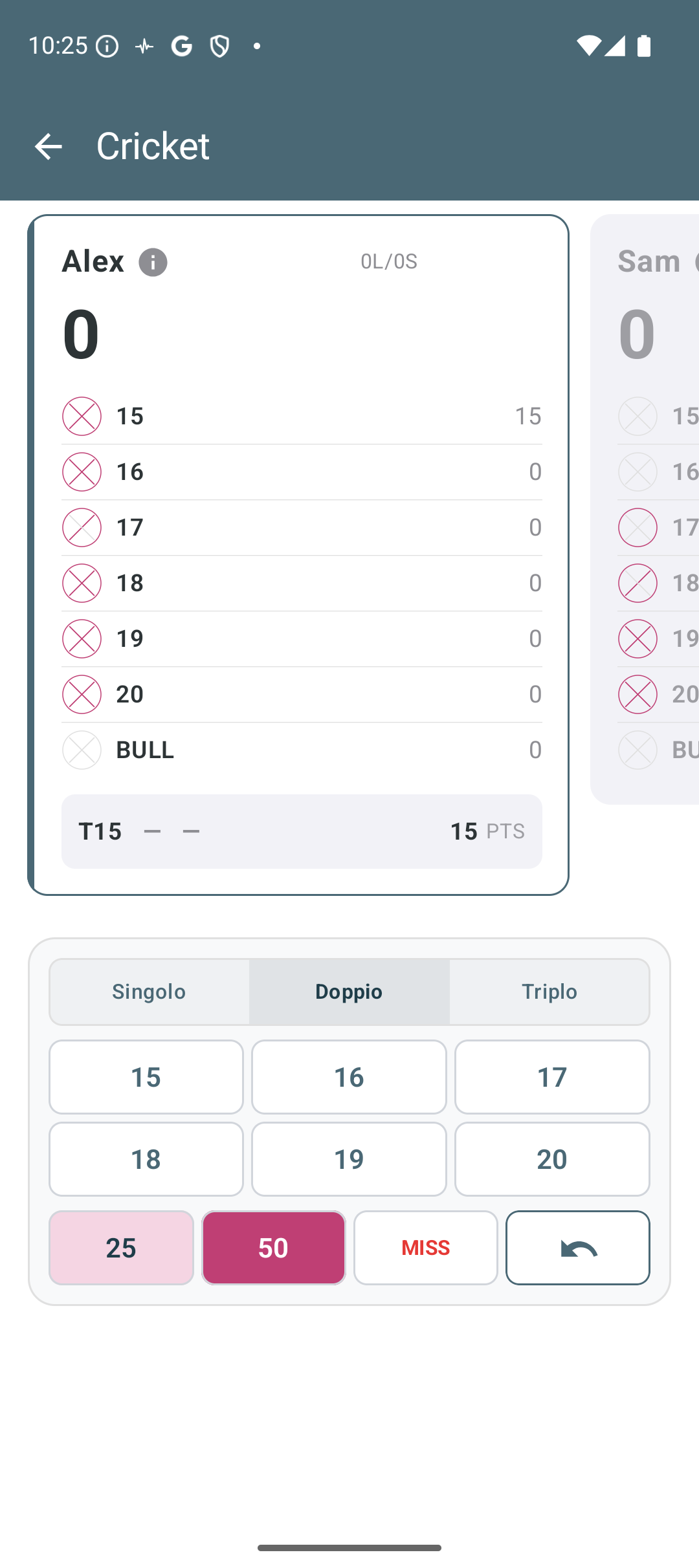 Tracciamento punteggio Cricket su 9Darter