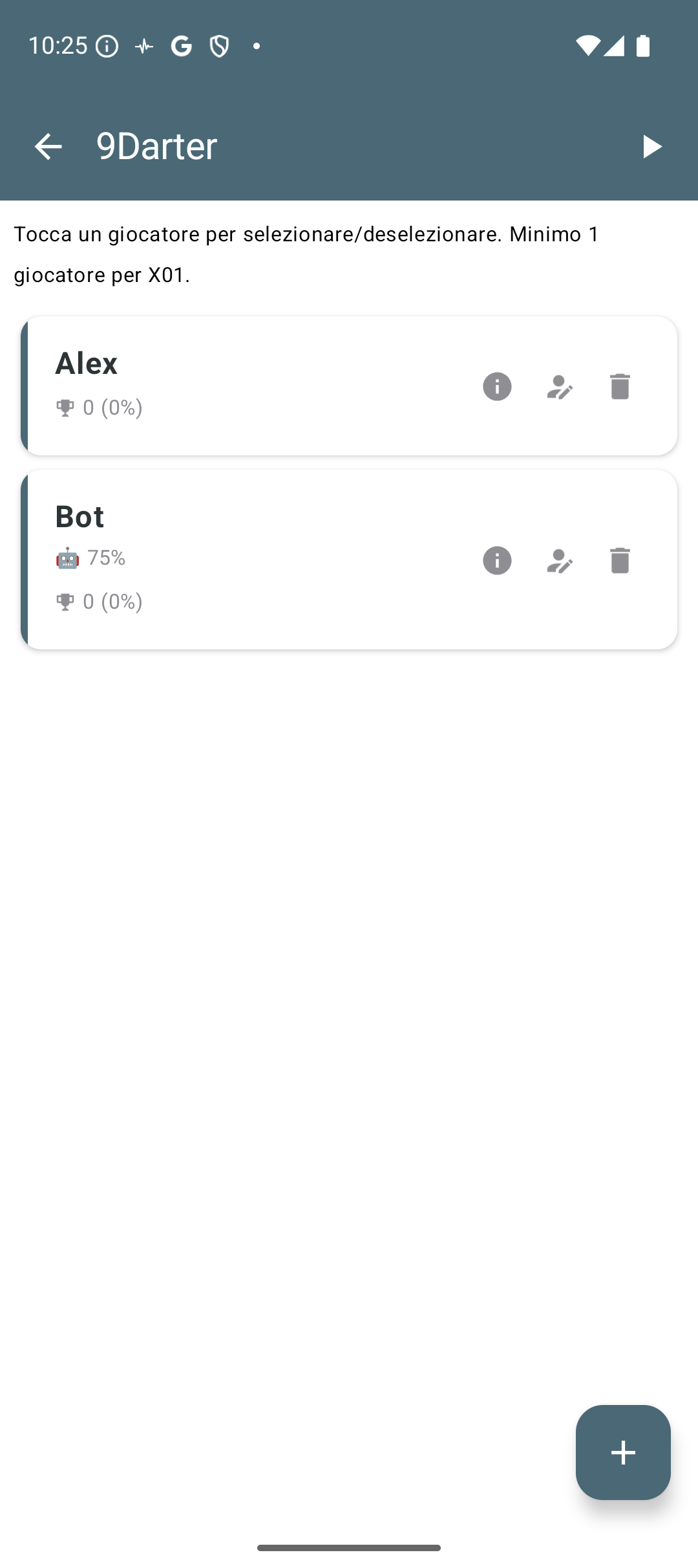 Configurazione giocatori e modalità bot su 9Darter